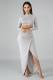 Grey Fashion Sexy Solid Two Piece Suits asymmetrical Slim fit crop top Split Skinny Long Sleeve