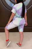Powder blue Fashion Casual adult Patchwork Print Tie Dye Gradient Two Piece Suits pencil Short Sleeve Two Pieces