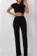 Black Casual Solid Patchwork O Neck Short Sleeve Two Pieces