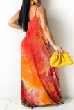 Navy Blue Casual Off The Shoulder Sleeveless Slip Swagger Floor-Length Print Patchwork
