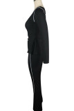 Black Sexy Europe and America Patchwork Solid asymmetrical Straight Long Sleeve Two Pieces