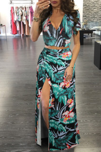 Green Fashion adult Sexy Patchwork Print Two Piece Suits Split Floral bow-knot Hip skirt Short S