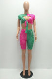 Fluorescent green Fashion adult Street Letter Patchwork Print Bandage Two Piece Suits HOLLOWED OUT pencil Short Sleeve Two Pieces