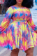Red Casual Print Patchwork O Neck Cake Skirt Plus Size Dresses