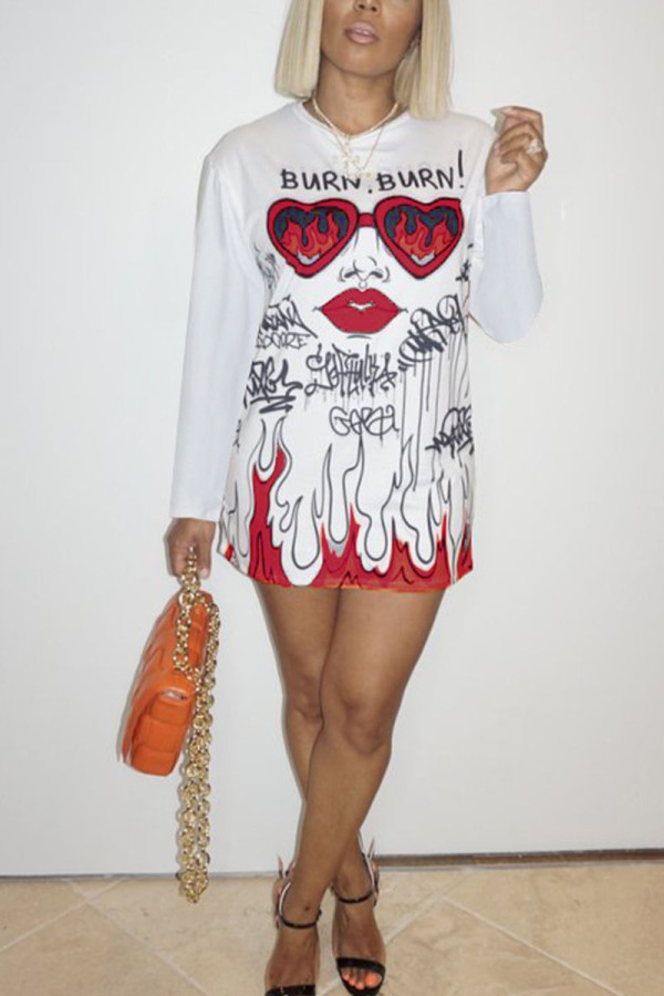 White Sexy Graffiti O Neck Long Sleeve Long Sleeve Dress Dresses