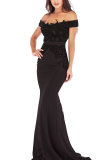 Black Sexy Spaghetti Strap One word collar Slim Dress Floor-Length Patchwork 
