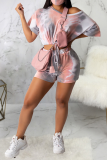 Pink Casual Patchwork Tie-dye One Shoulder Short Sleeve Two Pieces