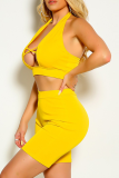 Black Sexy Solid Hollowed Out Halter Sleeveless Two Pieces