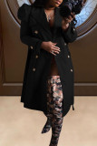 Coffee Casual Solid With Belt Turndown Collar Outerwear