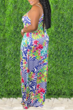 Colorful Blue Sexy Print Patchwork Spaghetti Strap Straight Dresses