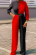 Red Solid Patchwork Mandarin Collar Harlan Jumpsuits