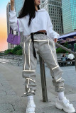 Grey Fashion Casual Solid With Belt High Waist Patchwork Trousers