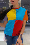 Blue Fashion Casual Patchwork Basic O Neck T-Shirts