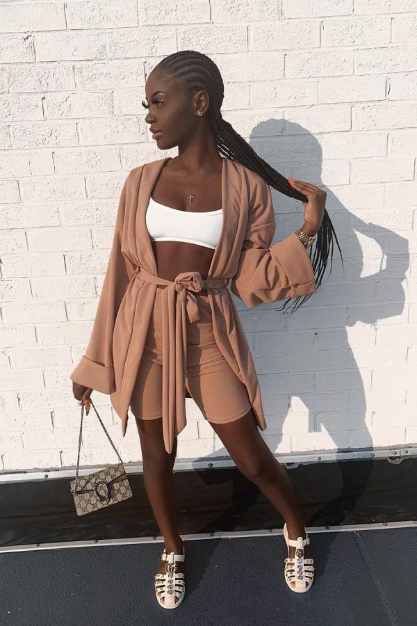 Orange Street Fashion adult Solid Bandage Two Piece Suits Straight Long Sleeve Two-Piece Short S