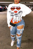 White Street Print O Neck Tops