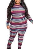 Stripe Casual Sheep plush Striped Print Patchwork O Neck Plus Size 