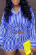 Blue Casual Striped Patchwork Turndown Collar Long Sleeve Two Pieces