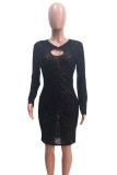 Black Fashion Casual Patchwork Hollowed Out See-through O Neck Long Sleeve Dresses