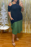 Green Fashion Casual Plus Size Patchwork Asymmetrical Oblique Collar Short Sleeve Dress
