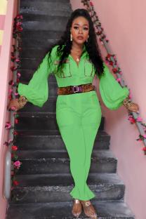 Green Fashion Light Print Solid Patchwork Long Sleeve Turndown Collar 