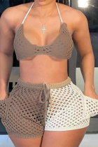 Camel Sexy Solid Hollowed Out Mesh Swimwears