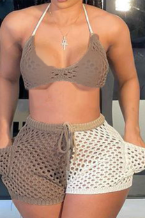 Camel Sexy Solid Hollowed Out Mesh Swimwears