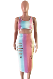 Yellow Sexy Fashion Tank Sleeveless O neck Step Skirt Mid-Calf hollow out Print Fluorescent hole backless