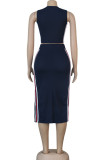 Navy Blue Fashion Casual adult Ma'am Patchwork Solid Two Piece Suits pencil Sleeveless Two Pieces