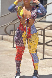 Yellow Fashion Sexy Print Bandage Hollowed Out V Neck Skinny Jumpsuits