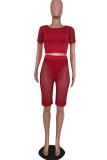 Red Casual adult Fashion Mesh Patchwork Three-Piece Suits Solid pencil Short Sleeve Two-Piece