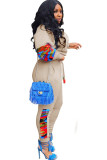 Apricot Casual Camouflage Print Two Piece Suits Patchwork pencil Long Sleeve