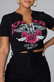 Black Fashion Casual Print Ripped V Neck T-Shirts