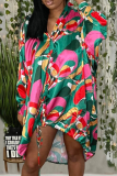 Green Sexy Print Patchwork V Neck Straight Dresses