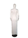 White Fashion Sexy Cap Sleeve Long Sleeves V Neck Asymmetrical Ankle-Length Club Dresses