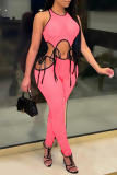 Black Sexy Solid Patchwork O Neck Sleeveless Two Pieces