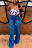 Dark Blue Sexy Embroidery Embroidered High Waist Boot Cut Denim
