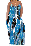 Blue Fashion Casual adult Red Blue Yellow Spaghetti Strap Sleeveless V Neck Swagger Floor-Length Print Patchwork Dresses