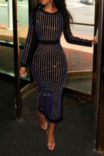 Black Sexy Long Sleeves O neck Slim Dress Ankle-Length diamonds 