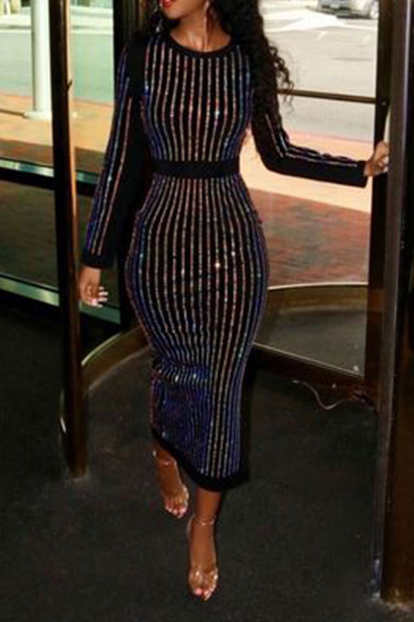Black Sexy Long Sleeves O neck Slim Dress Ankle-Length diamonds 