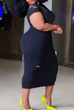 Light Blue Casual Ripped Patchwork O Neck Straight Plus Size Dresses