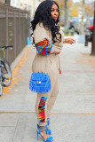 Apricot Casual Camouflage Print Two Piece Suits Patchwork pencil Long Sleeve