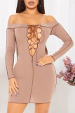 Pink Casual Solid Hollowed Out Off the Shoulder Pencil Skirt Dresses