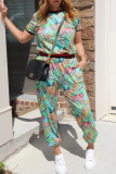 Green Casual Print Patchwork O Neck Short Sleeve Two Pieces