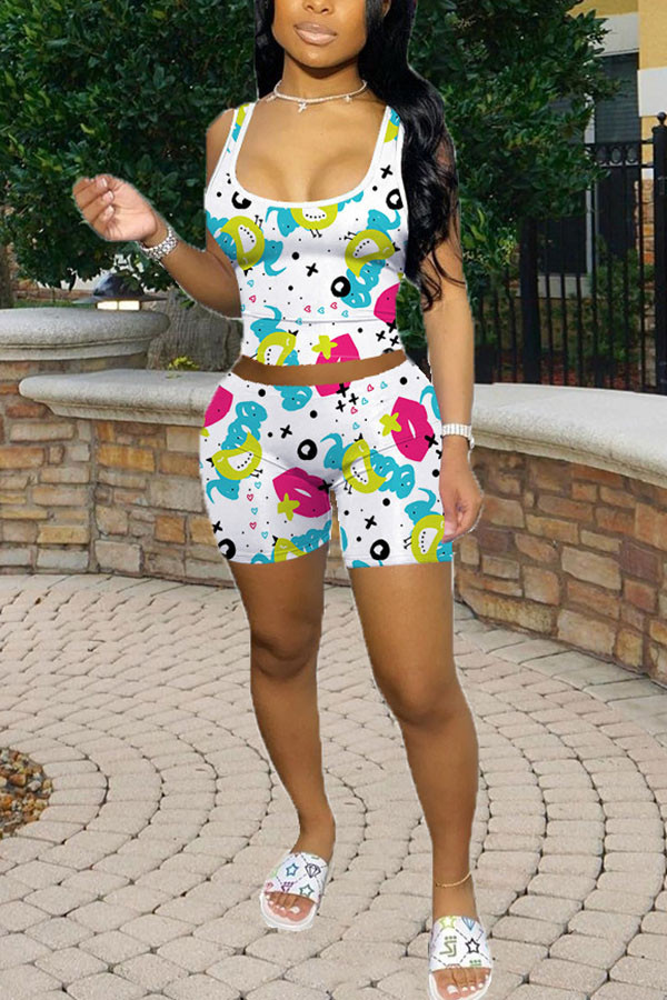 White Milk Silk Fashion Casual adult Ma'am Print Two Piece Suits pencil Sleeveless Two Pieces