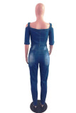 The cowboy blue Fashion Casual Solid Ripped O Neck Skinny Jumpsuits
