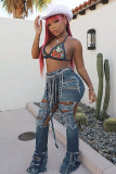 Blue Denim Button Fly Sleeveless High Hole Solid Patchwork Boot Cut Pants Pants