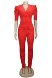 Yellow Fashion Light Solid Draped Patchwork Half Sleeve V Neck Jumpsuits