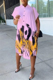 Pink Fashion Casual Print Asymmetrical Turndown Collar Shirt Dress