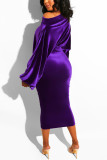 Deep Blue Fashion Casual Solid Basic Oblique Collar Long Sleeve Dress