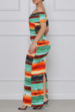 Colour Fashion Sexy Print Backless Slit Off the Shoulder Short Sleeve Dress